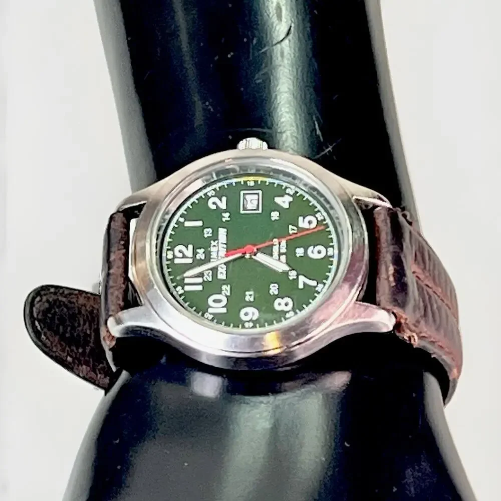Timex Expedition Mens Watch 36mm Green Dial Leather Indiglo Date *Needs Battery